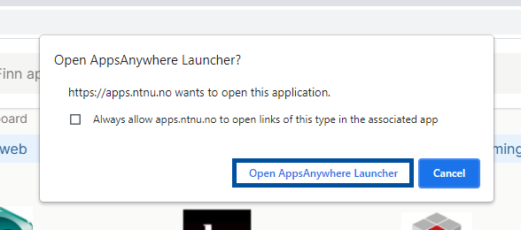 Dialogue box asking if you want to open AppsAnywhere Launcher. 'Open AppsAnywhere Launcher' button is positioned at the bottom to the left