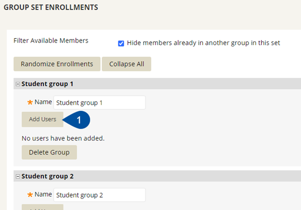Shows group set enrollments. Under the group you wish to add members, click on add users