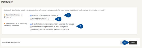Shows membership with arrows pointing at number of students per group and number of groups as well as determine how to enroll remaining members. Click submit when you have chosen