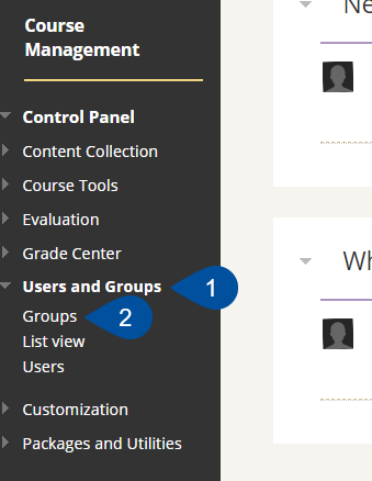 Shows the course management menu. Click first on users and groups, then click on groups