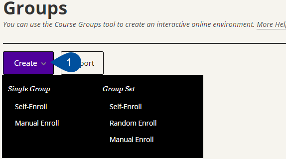 Shows the group page with an arrow pointing at the create button, which show the options you can choose when creating a group