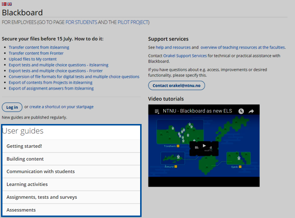 Screen shot. Location of training resources on the topic page for Blackboard.