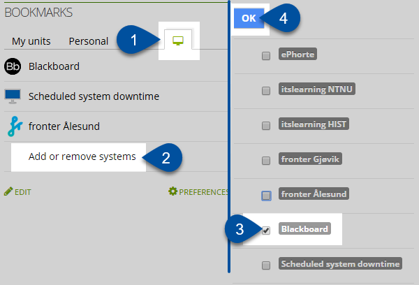 Screen shot. How to add Blackboard as system shortcut on Innsida.