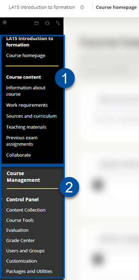 Show the course menu with course content at the top and course management on the bottom