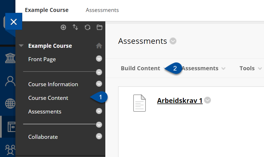 Show an arrow pointing at a content area in the below course content. To the left you see the content of the course content area Work requirements, with an arrow pointing at the build content boxes at the top