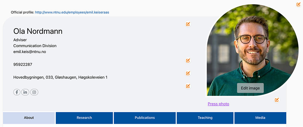 Photo of a persons profile page showing the elements described in the text below.