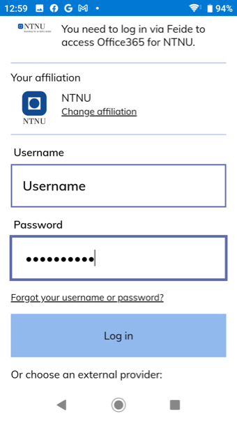 logging in to feide with NTNU username and password
