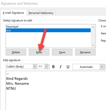 adding new signature by clicking new and then writing your text 