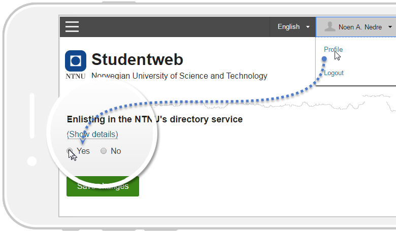 Screenshot: Control visibility of your profile via Studentweb