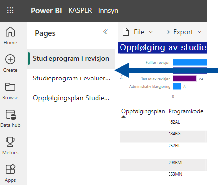 A screenshot showing the three pages at the study programme level
