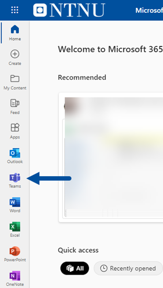 The toolbar in Microsoft with an arrow pointing to Teams