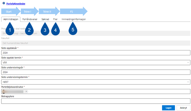 A screenshot of the steps and pages of the discontinuation process