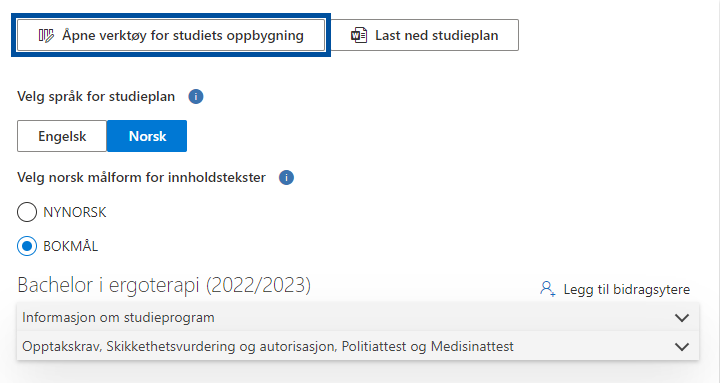 Image shows the button "Åpne verktøy for studiets oppbygning" (tool for study programme components) at the top of the page, highlighted in blue.