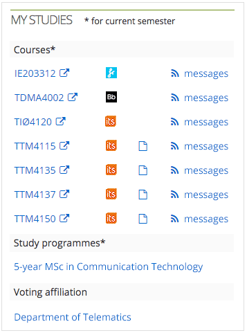 Screenshot: My studies course list in Innsida