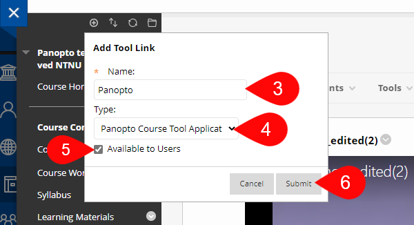 Shown here is the interfce for adding tool links. From top to bottom, it contains a text field to give the link a name, a drop-down menu where the tool is chosen, a "check off"-field to make the tool visible for users, and finally, to the left, the choice to click "Submit" or "Cancel".