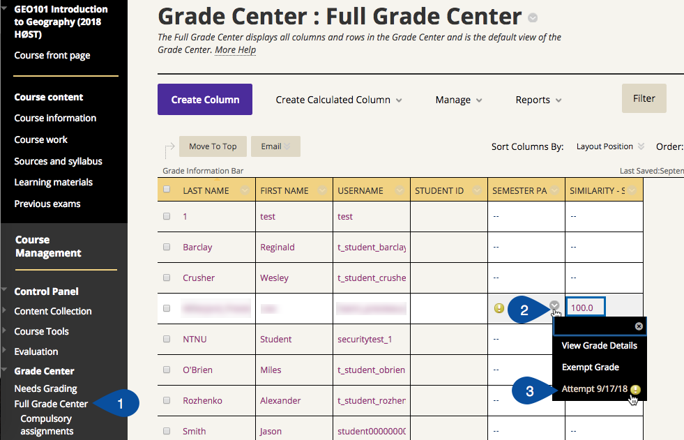 See similarity score and grade submission from the Grade Center
