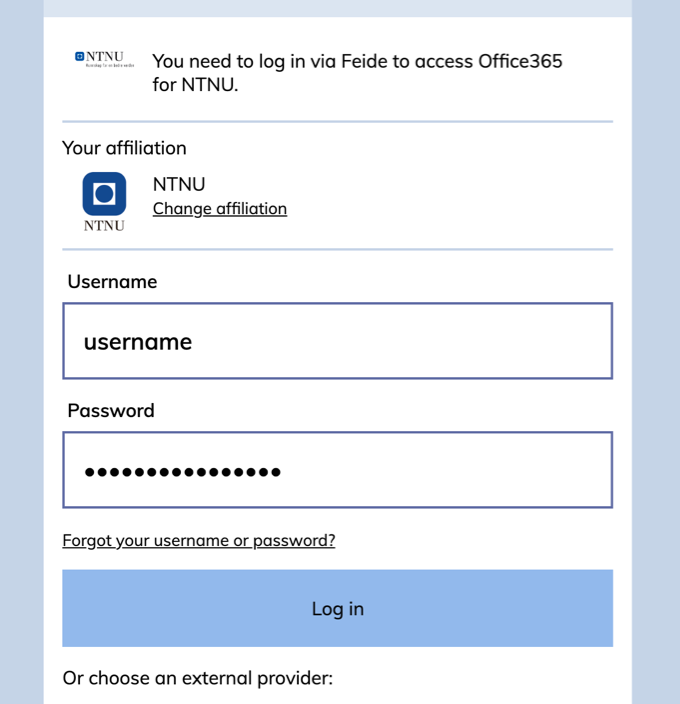 Feide login page, use your NTNU username and password here