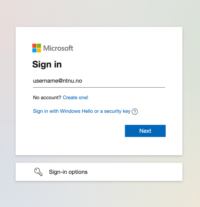 Microsoft login page, use username@ntnu.no here 