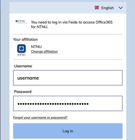 after adding your username@ntnu.no you will be redirected to the feide portal where you need to enter your NTNU username and password