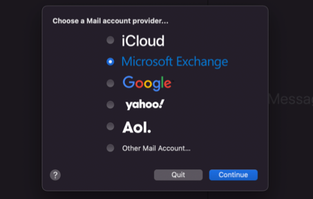 choose Microsoft Exchange as e-mail account