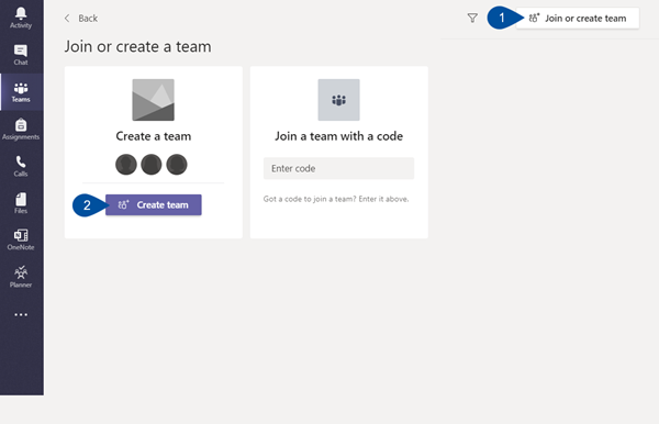 Click on join or create a team in the top right corner, then click create a team