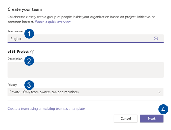 Enter name, optionally a description and choose whether the team is to be public or private
