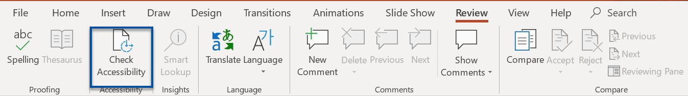Screenshot of the toolbar in PowerPoint. The Review-menu is open, and the Check Accessibility-tool on the left side is highlighted with a blue frame.