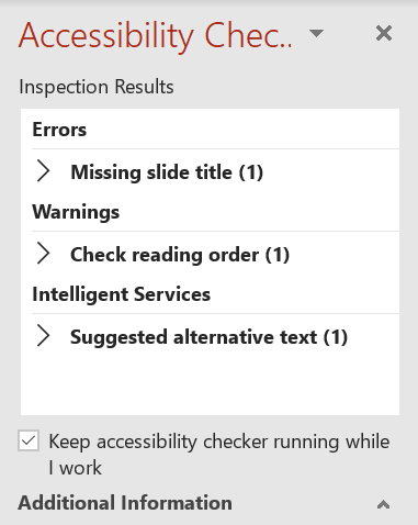 Screenshot of the Accessibility Checker in PowerPoint. The picture shows an inspection result. The result is summarized in a list of errors, warnings and intelligent services.