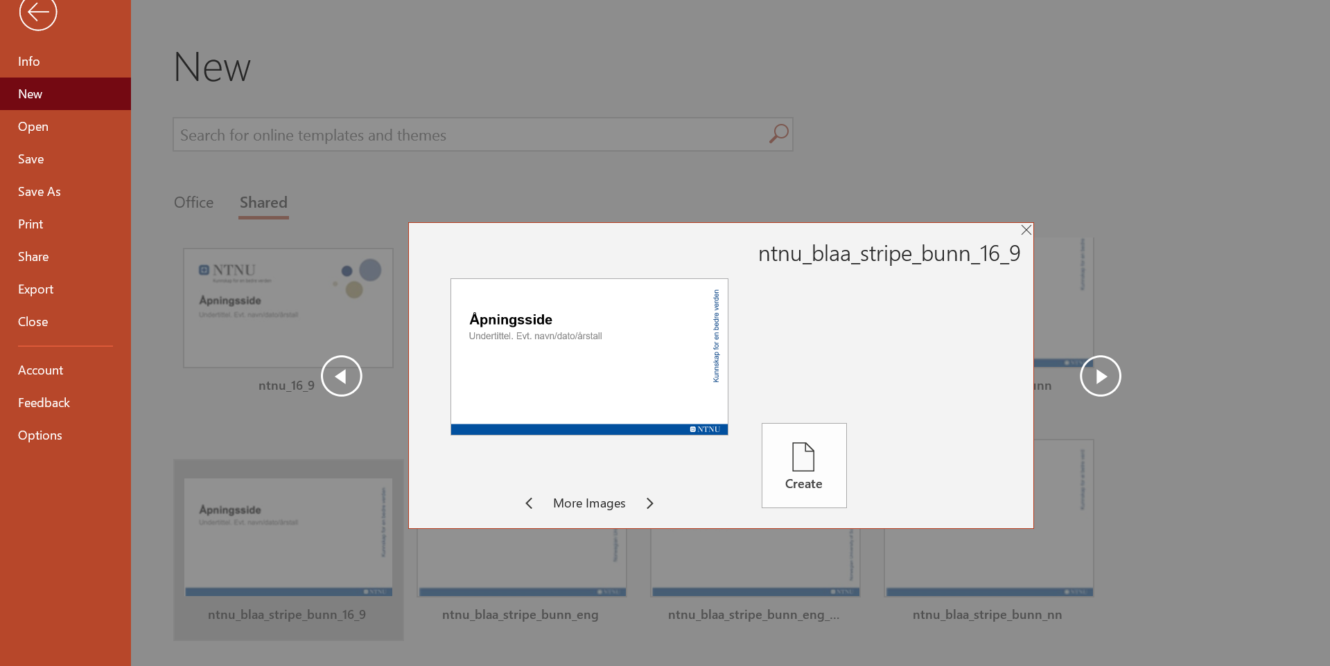 Screenshot from PowerPoint that shows the start page with a search field for templates, and highlighting an NTNU-template in he middle of the picture. In the bottom right corner there is a button with the text "Create".