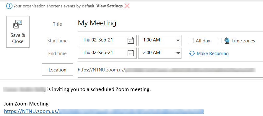 The image shows the meeting popping up as a calendar event in Outlook