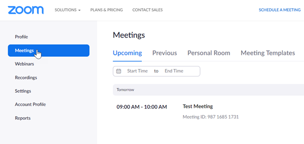 Meeting overview in Zoom's web portal