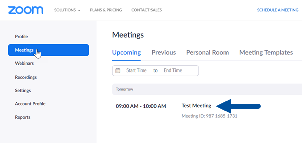 An arrow is pointing to the topic of a given meeting in the web portal's meeting overview.