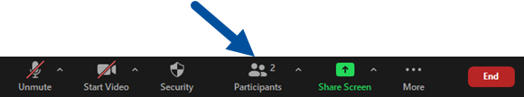 An arrow pointing to the toolbar and on the "participants" button.