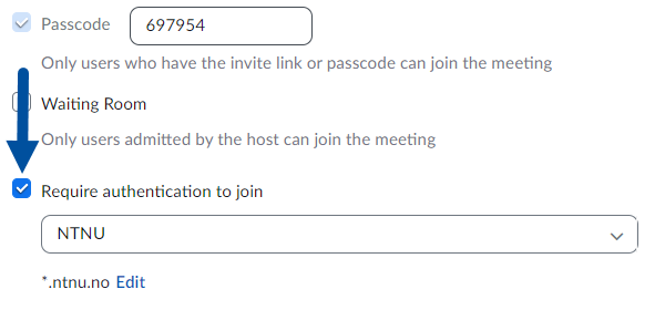 An arrow is pointing at a checkbox that says "require authentication to join" and is ticked off to indicate that it is active.