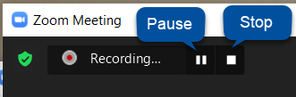 An image showing a recording in progress. A quote box says "pause" and points to the pause button, while another says "stop" and points to the stop button.