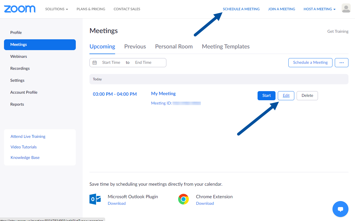 Image displays the menu that opens upon clicking the meetings button. One arrow points to "schedule a meeting" towards the top of the page, while another points to an "edit" button.