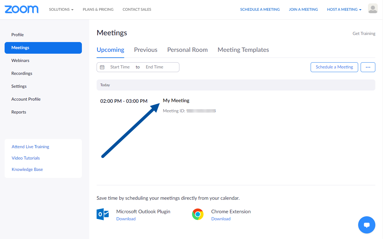 An arrow pointing to "my meeting" is displayed in the upcoming meetings list.