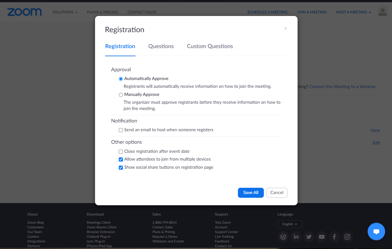 Image of the pop-up window that is shown when editing the registration settings