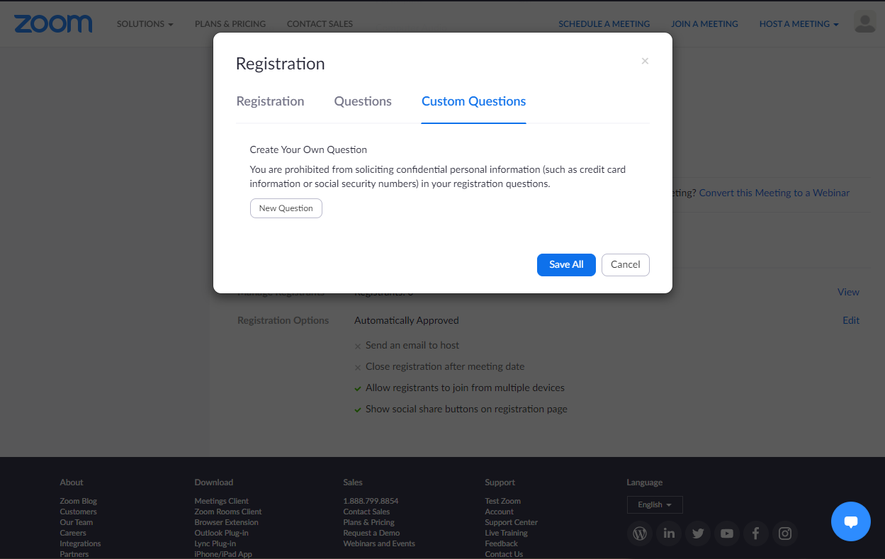 The window for creating custom questions for registration is displayed.