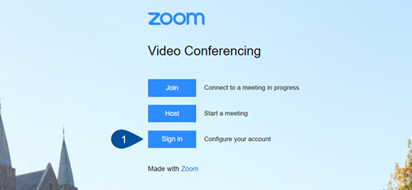 The Zoom conferencing menu is displayed, along with a tab that reads "1" pointing to a button that reads "sign in".