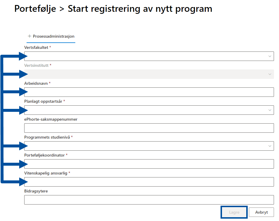 A screenshot of the text fields to be filled in when creating a new programme. The mandatory fields are marked with arrows.