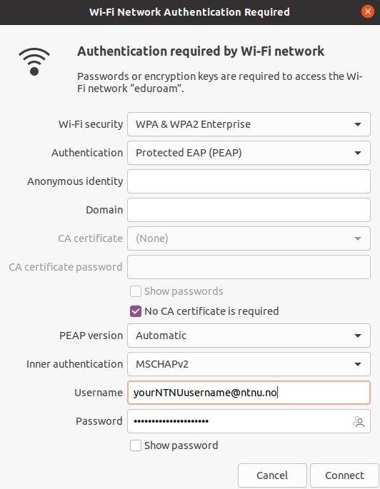 WPA & WPA2 Enterprise, Protected EAP (PEAP), "No CA certificate is required", PEAP-versjon automatisk og Inner authentication til MSCHAPv2. anonym identitet og domain/domene skal være tomt.