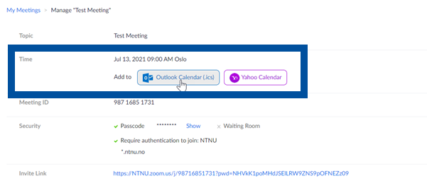 Redigeringsvinduet til et møte i Zooms web-portal. Det pekes på knappen for å legge møtet inn i Outlook-kalenderen.