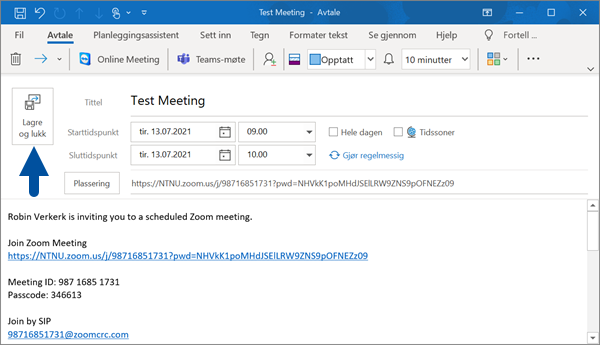 På bildet vises hvordan møtet dukker opp som en kalenderhendelse i Outlook.