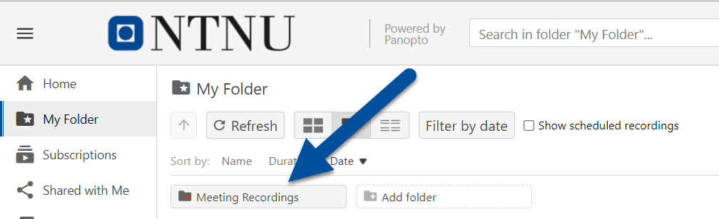 Viser mappen "Meeting Recordings" på Panopto der dine Zoom opptak vil vises dersom du velger "Record to the Cloud"