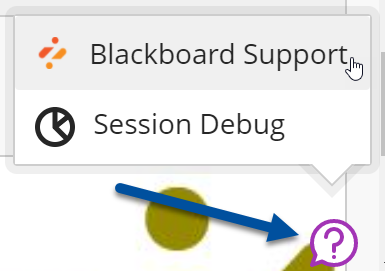 Screenshot of the support-button in Blackboard and where to click for Blackboard Support.