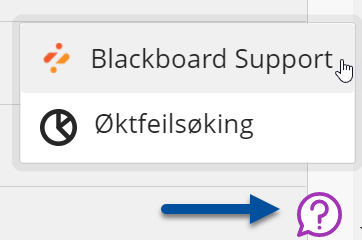 Skjermbilde av support-knappen i Blackboard og hvor man klikker videre til Blackboard support.