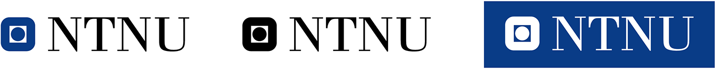 NTNU-logo i farge, svart og negativ
