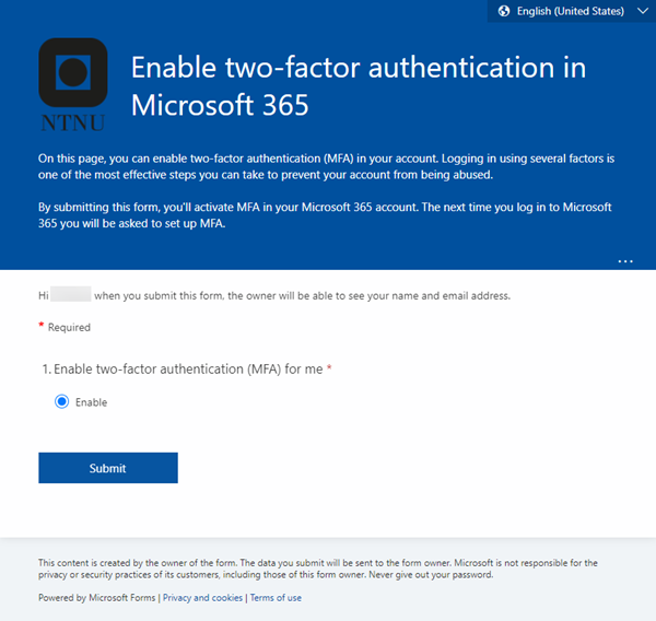 Enable two-factor authentication in Microsoft 365 - Kunnskapsbasen - NTNU