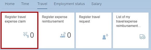 screenshot showing the page travel where you select register travel expense claim